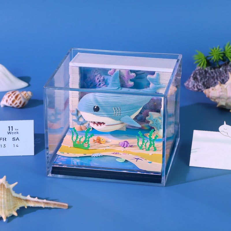 3D Christmas 2026,3D Shark Ocean Underwater World Time Piece Calendar with LED Light,Sticky Note Pad Paper Carving Art Craftwork Desk Decor Gift for Birthdays Holidays Christmas - Image 3